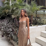 Liora - Women's Gold Metallic Pleated Corset Maxi Dress