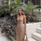 Liora - Women's Gold Metallic Pleated Corset Maxi Dress