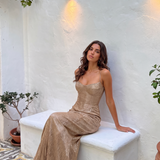 Liora - Women's Gold Metallic Pleated Corset Maxi Dress