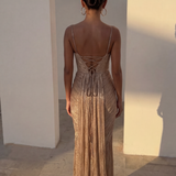 Liora - Women's Gold Metallic Pleated Corset Maxi Dress