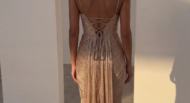 Liora - Women's Gold Metallic Pleated Corset Maxi Dress
