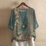 Liv - Women's Floral Crew Neck Blouse with Rolled Sleeves - Green