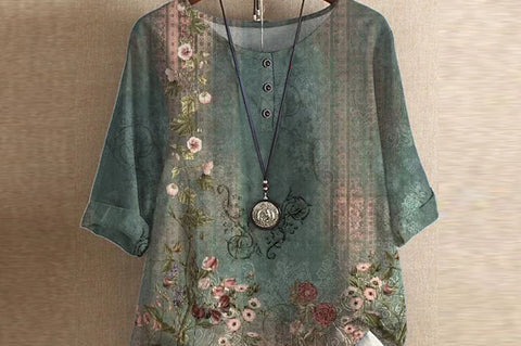 Liv - Women's Floral Crew Neck Blouse with Rolled Sleeves - Green