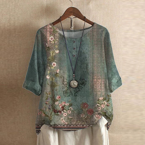 Liv - Women's Floral Crew Neck Blouse with Rolled Sleeves - Green