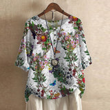Liv - Women's Floral Crew Neck Blouse with Rolled Sleeves - White Floral