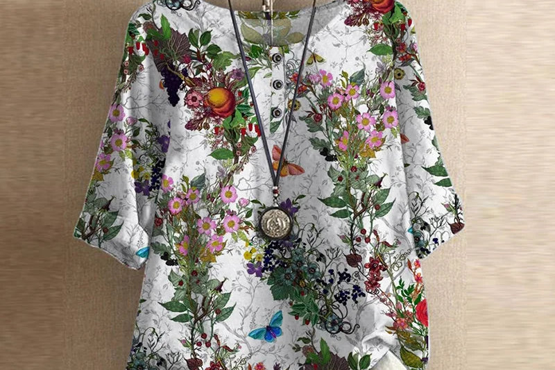 Liv - Women's Floral Crew Neck Blouse with Rolled Sleeves - White Floral
