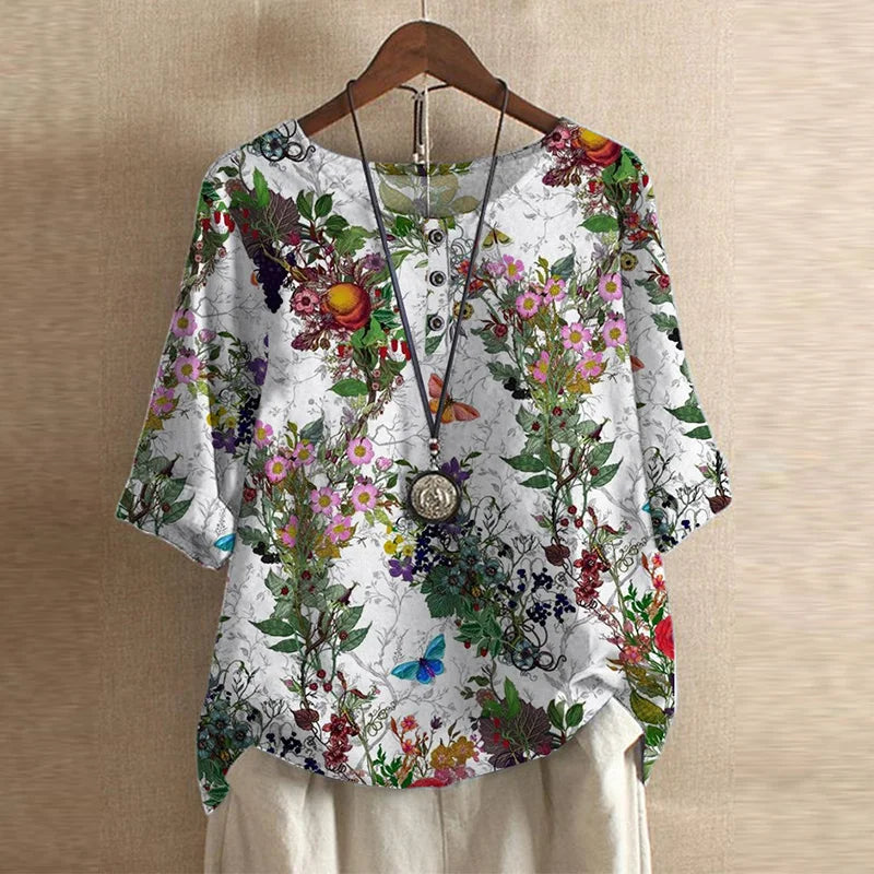 Liv - Women's Floral Crew Neck Blouse with Rolled Sleeves - White Floral
