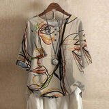 Liv - Women's Floral Crew Neck Blouse with Rolled Sleeves - Beige