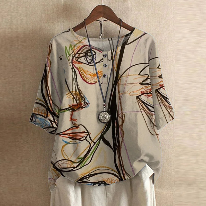 Liv - Women's Floral Crew Neck Blouse with Rolled Sleeves - Beige