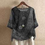 Liv - Women's Floral Crew Neck Blouse with Rolled Sleeves - Gray