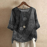 Liv - Women's Floral Crew Neck Blouse with Rolled Sleeves - Gray