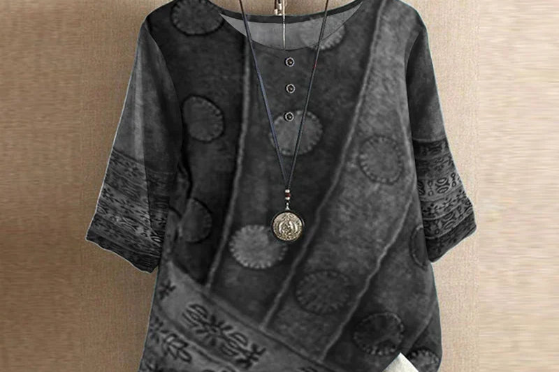 Liv - Women's Floral Crew Neck Blouse with Rolled Sleeves - Gray