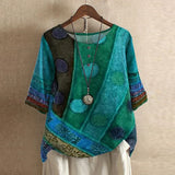 Liv - Women's Floral Crew Neck Blouse with Rolled Sleeves - Blue Green