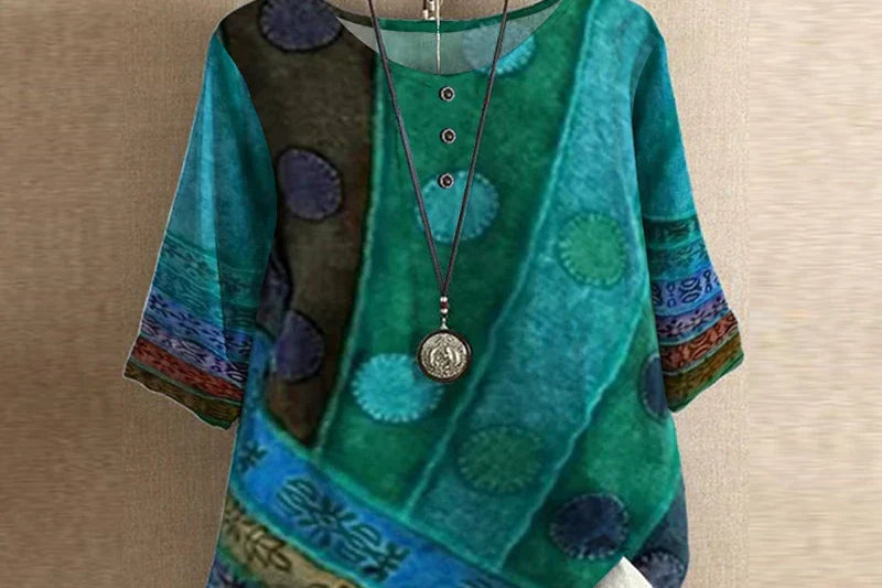Liv - Women's Floral Crew Neck Blouse with Rolled Sleeves - Blue Green