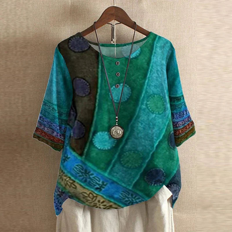 Liv - Women's Floral Crew Neck Blouse with Rolled Sleeves - Blue Green