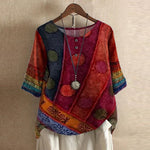 Liv - Women's Floral Crew Neck Blouse with Rolled Sleeves - Red