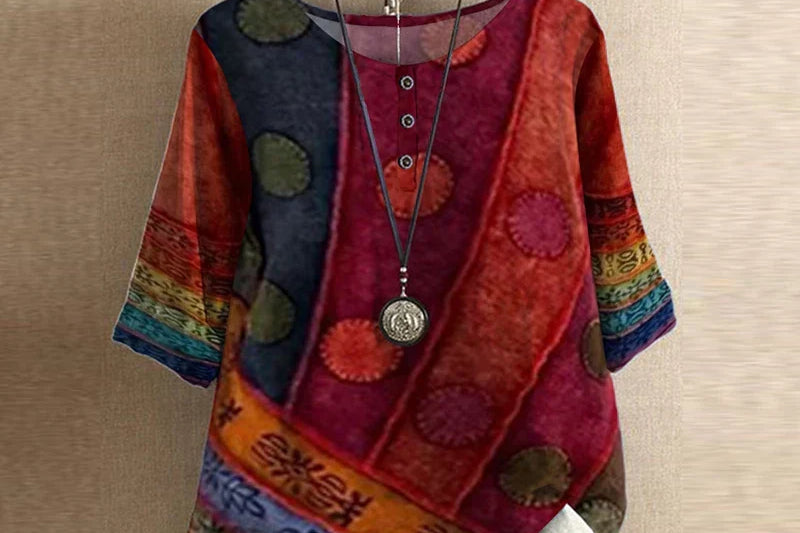 Liv - Women's Floral Crew Neck Blouse with Rolled Sleeves - Red
