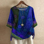 Liv - Women's Floral Crew Neck Blouse with Rolled Sleeves - Blue Violet