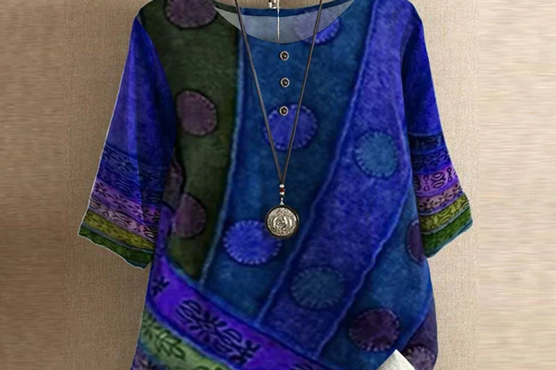 Liv - Women's Floral Crew Neck Blouse with Rolled Sleeves - Blue Violet
