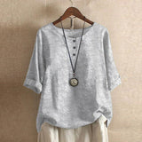 Liv - Women's Floral Crew Neck Blouse with Rolled Sleeves - Light Gray