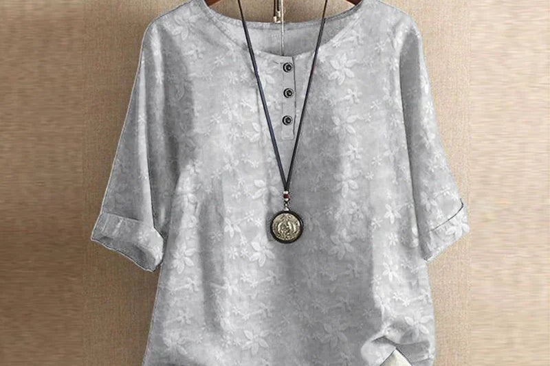 Liv - Women's Floral Crew Neck Blouse with Rolled Sleeves - Light Gray