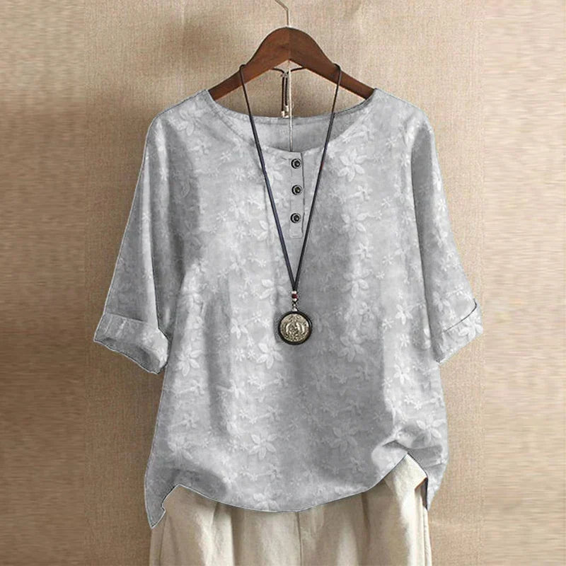 Liv - Women's Floral Crew Neck Blouse with Rolled Sleeves - Light Gray