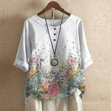 Liv - Women's Floral Crew Neck Blouse with Rolled Sleeves - White
