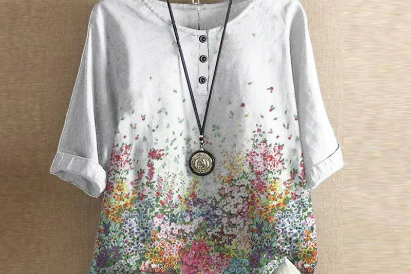 Liv - Women's Floral Crew Neck Blouse with Rolled Sleeves - White