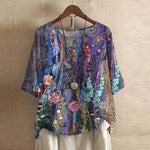 Liv - Women's Floral Crew Neck Blouse with Rolled Sleeves - Violet