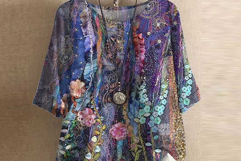 Liv - Women's Floral Crew Neck Blouse with Rolled Sleeves - Violet