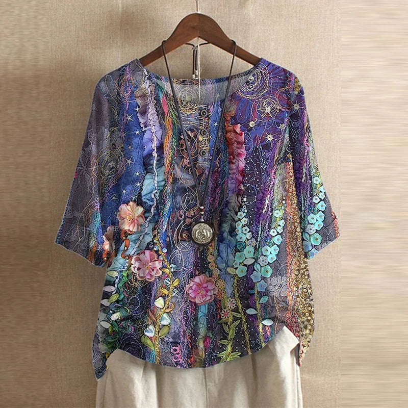 Liv - Women's Floral Crew Neck Blouse with Rolled Sleeves - Violet
