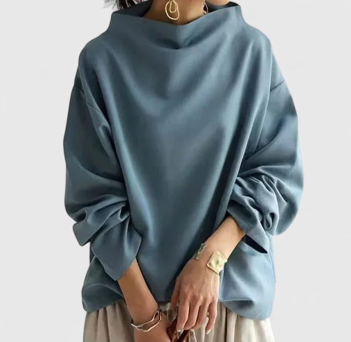 Lumi - Women's Stand Collar Draped Sweatshirt - Blue