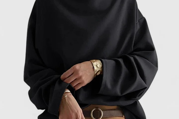 Lumi - Women's Stand Collar Draped Sweatshirt - Black