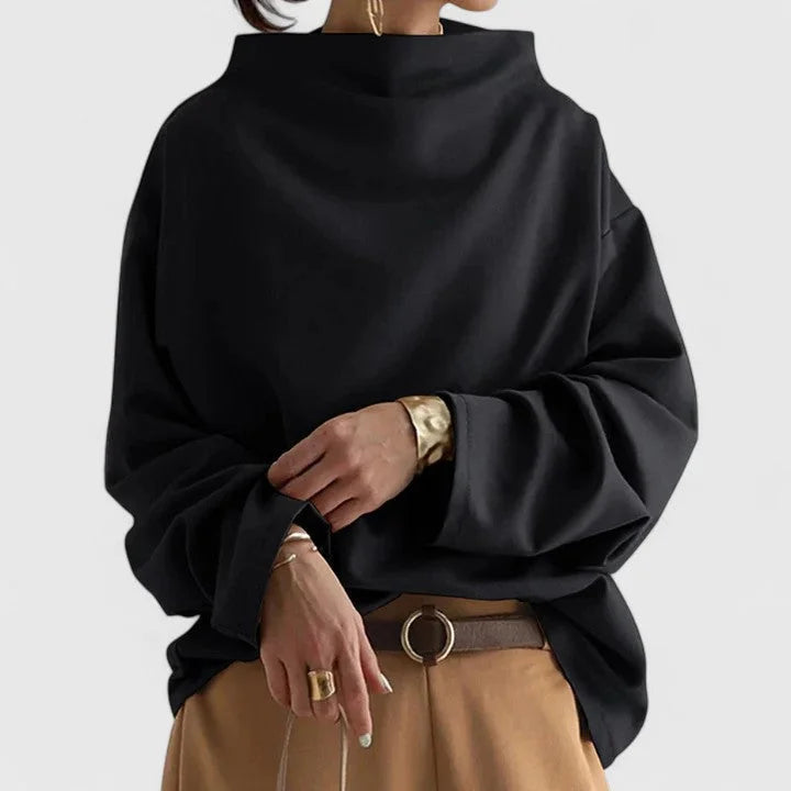 Lumi - Women's Stand Collar Draped Sweatshirt - Black
