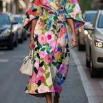 Mabli - Women's Floral Midi Dress with Sash-Tie Waist and Kimono Sleeves - Multicolor