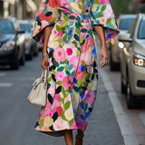 Mabli - Women's Floral Midi Dress with Sash-Tie Waist and Kimono Sleeves - Multicolor