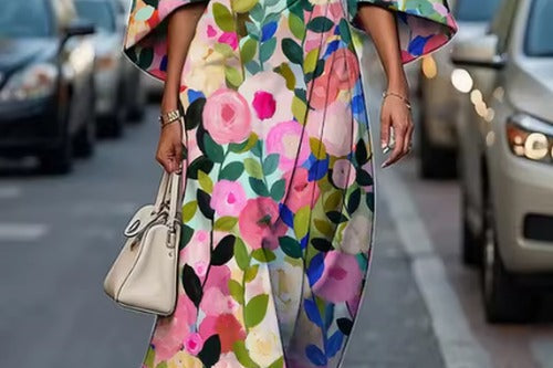 Mabli - Women's Floral Midi Dress with Sash-Tie Waist and Kimono Sleeves - Multicolor