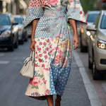 Mabli - Women's Floral Midi Dress with Sash-Tie Waist and Kimono Sleeves - Light Blue