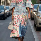 Mabli - Women's Floral Midi Dress with Sash-Tie Waist and Kimono Sleeves - Light Blue