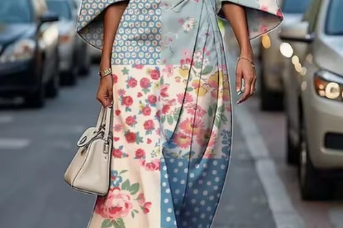 Mabli - Women's Floral Midi Dress with Sash-Tie Waist and Kimono Sleeves - Light Blue