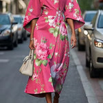 Mabli - Women's Floral Midi Dress with Sash-Tie Waist and Kimono Sleeves - Pink