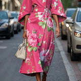 Mabli - Women's Floral Midi Dress with Sash-Tie Waist and Kimono Sleeves - Pink