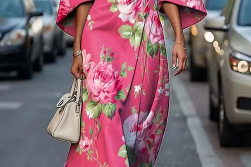 Mabli - Women's Floral Midi Dress with Sash-Tie Waist and Kimono Sleeves - Pink