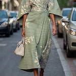 Mabli - Women's Floral Midi Dress with Sash-Tie Waist and Kimono Sleeves - Green