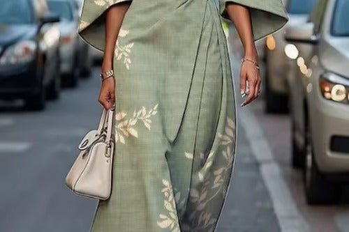 Mabli - Women's Floral Midi Dress with Sash-Tie Waist and Kimono Sleeves - Green