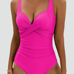Pink ruched one-piece swimsuit