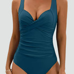 Blue ruched one-piece swimsuit