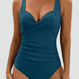 Blue ruched one-piece swimsuit
