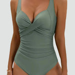 Olive green ruched one-piece swimsuit