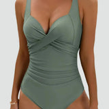 Olive green ruched one-piece swimsuit